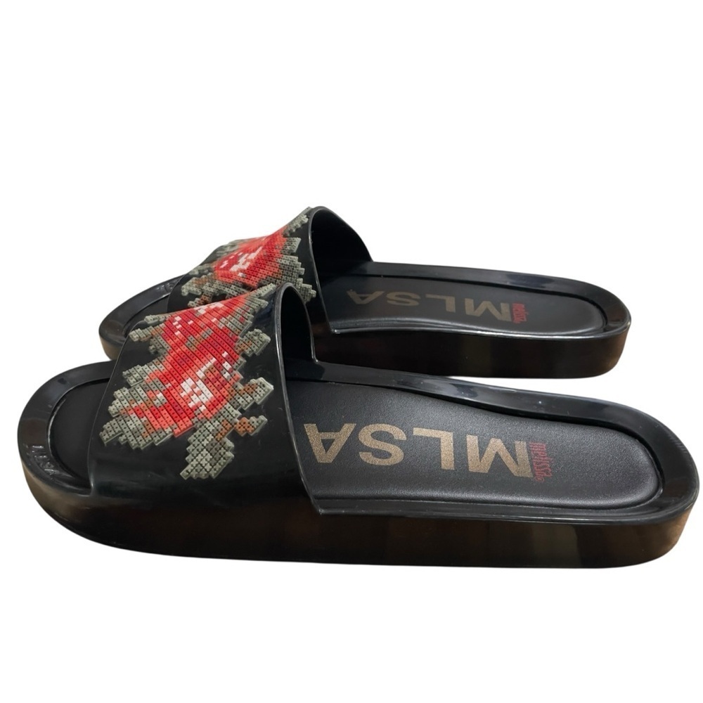 Melissa Black Slide Sandals with Red and Green Embroidered Floral Motif